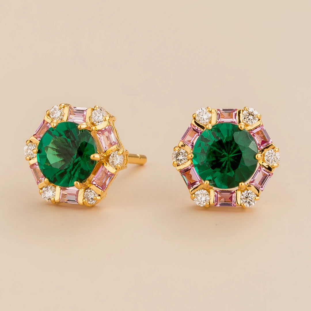 Melba hexagon earrings in 18K gold vermeil set. Lab grown Emerald cut earrings, Pink sapphire and Diamond gem stones. Perfect for yourself and as gift.