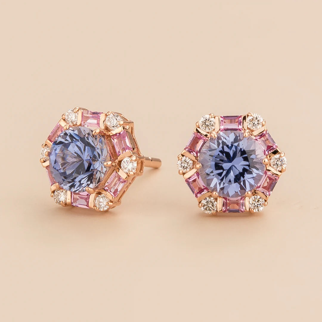 Melba Rose Gold Earrings Set With Pastel Blue Sapphire, Pink Sapphire and Diamond By Juvetti London
