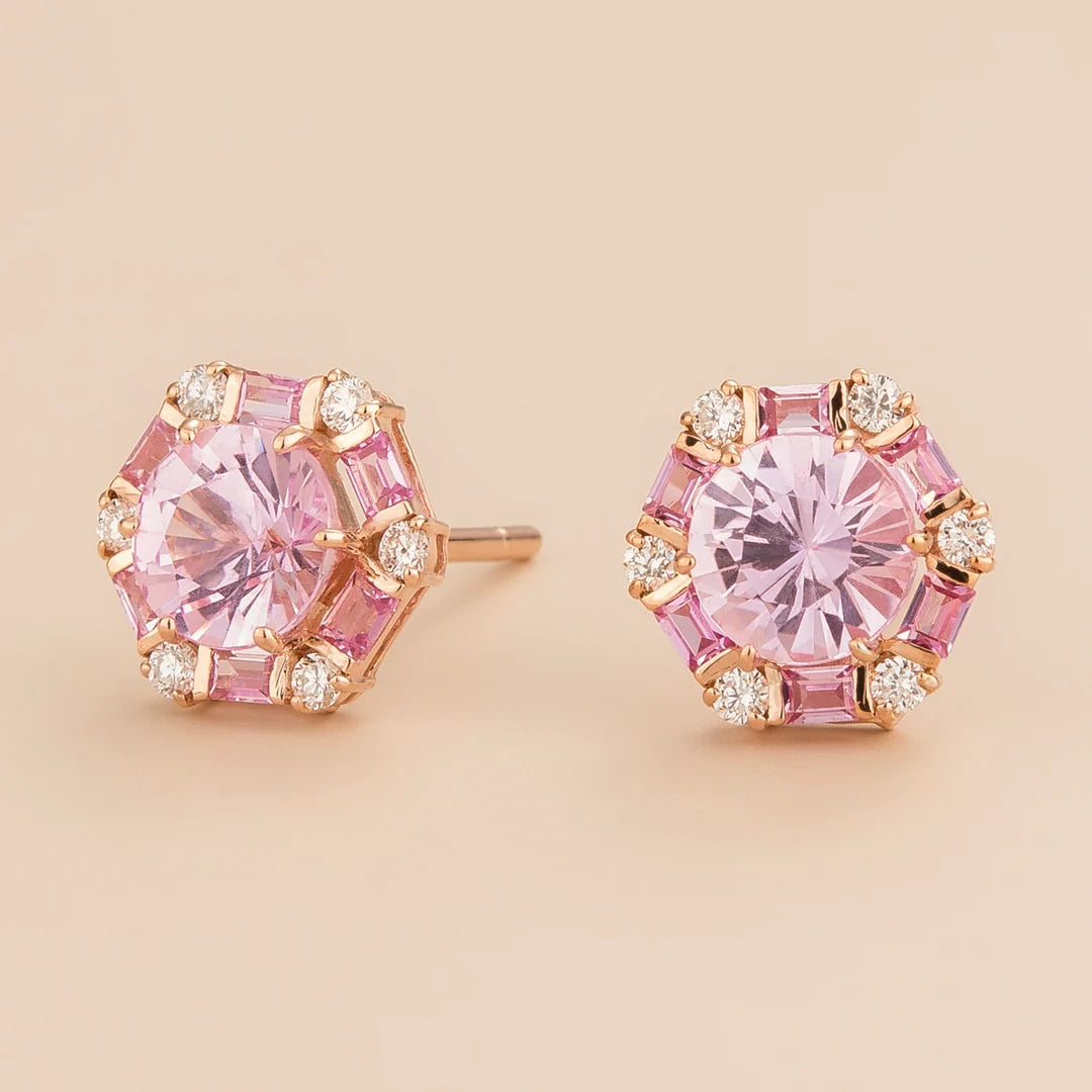 Melba Rose Gold Earrings Set With Pink Sapphire and Diamond By Juvetti from UK