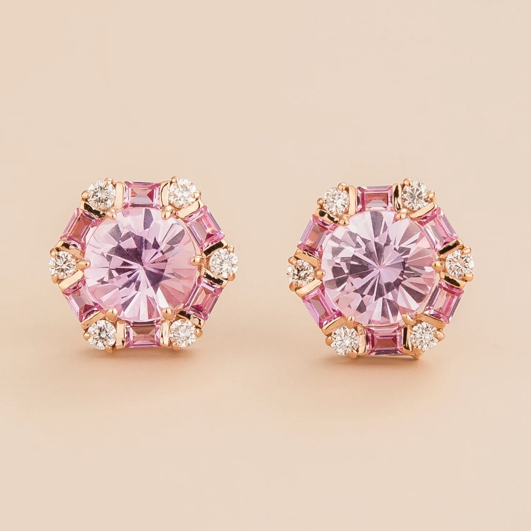 Melba Rose Gold Earrings Set With Pink Sapphire and Diamond By Juvetti London