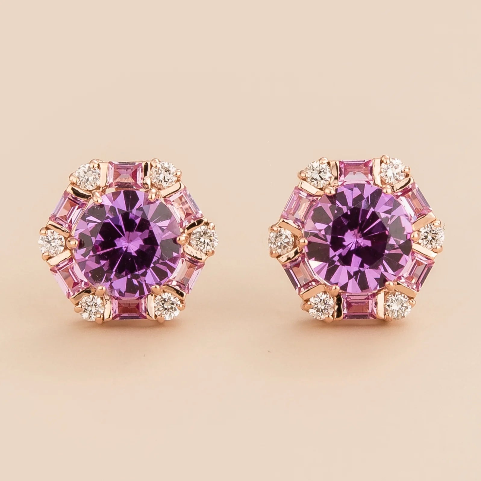 Melba hexagon earrings in 18K pink gold vermeil set with lab grown Purple sapphire, Pink sapphire and Diamond gem stones. Perfect for yourself and as gift.