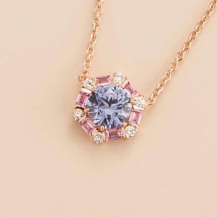 Melba hexagon necklace in 18K pink gold vermeil set with lab grown Ceylon Blue Sapphire, Pink Sapphire and Diamond gem stones.