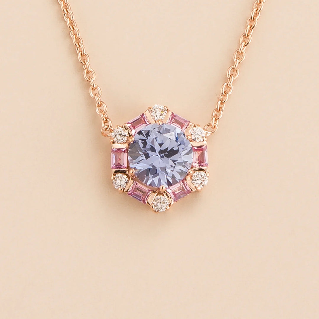 Melba hexagon necklace in 18K pink gold vermeil set with lab grown Ceylon Blue Sapphire, Pink Sapphire and Diamond gem stones.