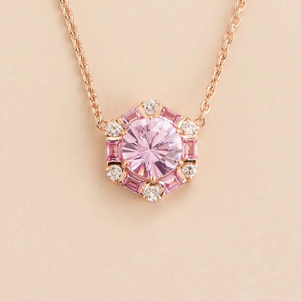 Melba Rose Gold Necklace Set With Pink Sapphire Diamond Juvetti
