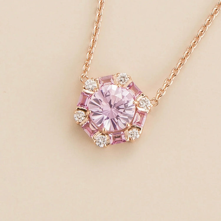Melba hexagon necklace in 18K pink gold vermeil set with lab grown Pink sapphire and Diamond gem stones.