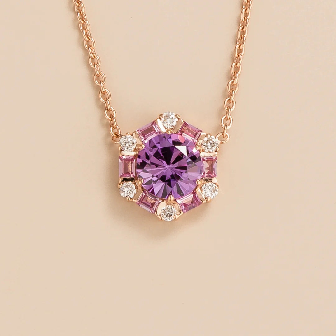 Melba hexagon necklace in 18K pink gold vermeil set with lab grown Purple sapphire, Pink sapphire and Diamond gem stones.