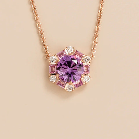 Melba Purple Sapphire, Pink Sapphire and Diamond Halo Pendant Necklace In Rose Gold Melba Purple Sapphire, Pink Sapphire and Diamond Halo Pendant Necklace In Rose Gold