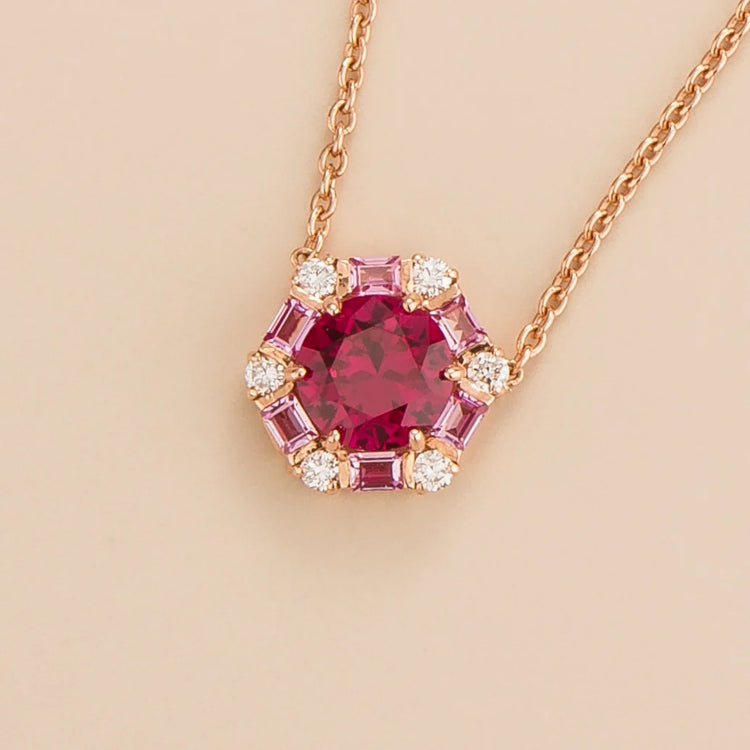 Melba hexagon necklace in 18K pink gold vermeil set with lab grown Ruby, Pink sapphire necklace with Diamond gem stones. Jewellery made with lab grown diamond, ruby, sapphire and emerald.