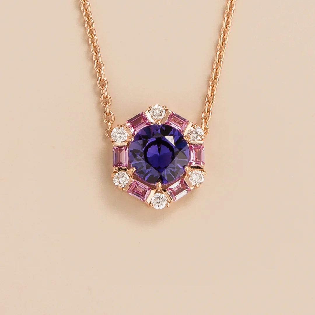 Melba Rose Gold Set With Purple Sapphire Pink Sapphire and Diamond Necklace 