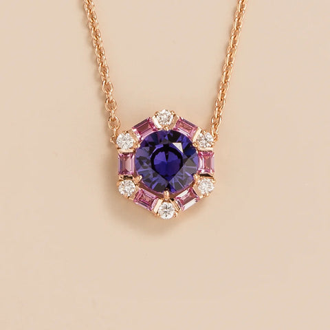 Melba Purple Sapphire, Pink Sapphire and Diamond Halo Pendant Necklace in Rose Gold Melba purple sapphire, pink sapphire and diamond halo pendant necklace in rose gold