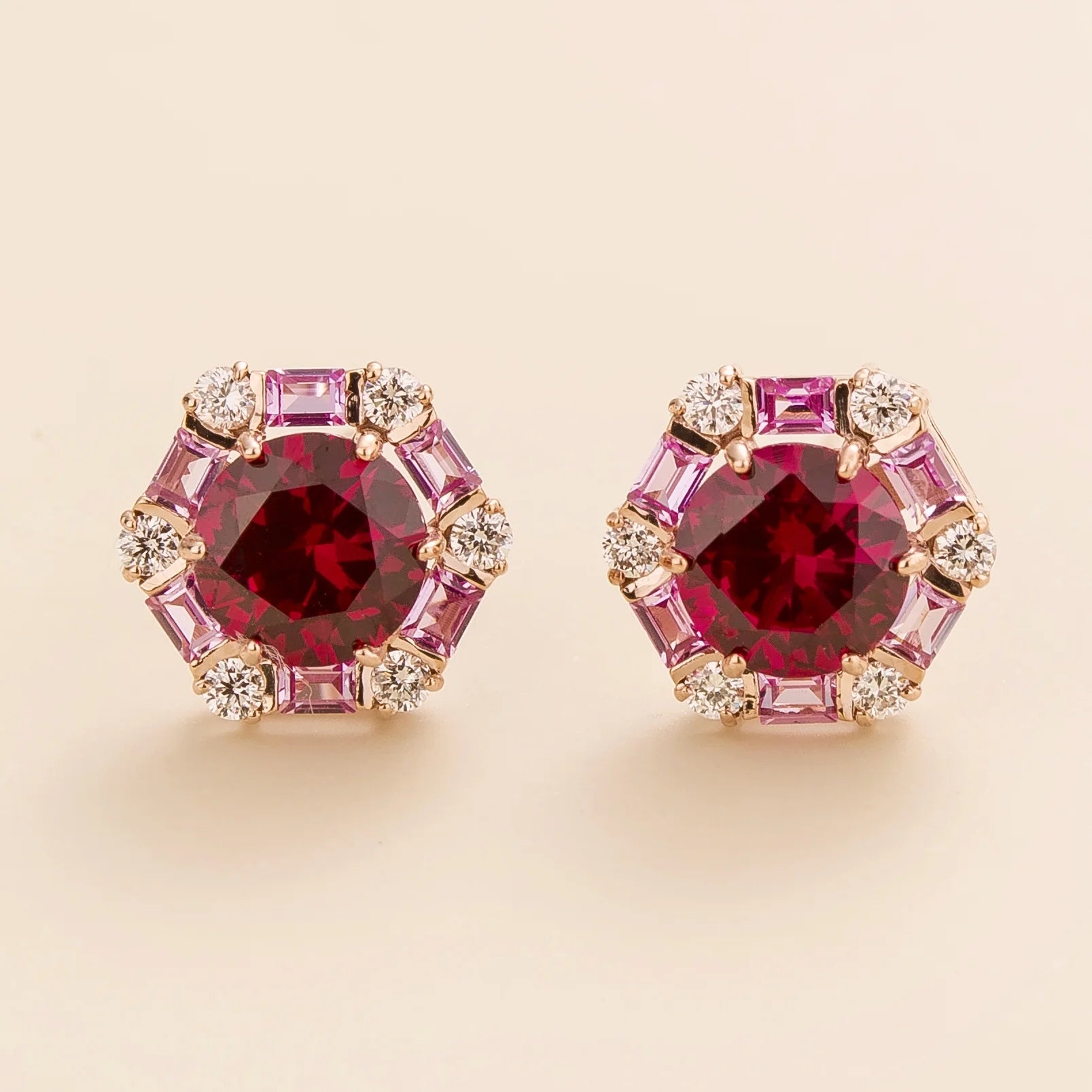 Melba Rose Gold Set With Ruby Pink Sapphire Earrings and Diamond From Bespoke Jewellery London