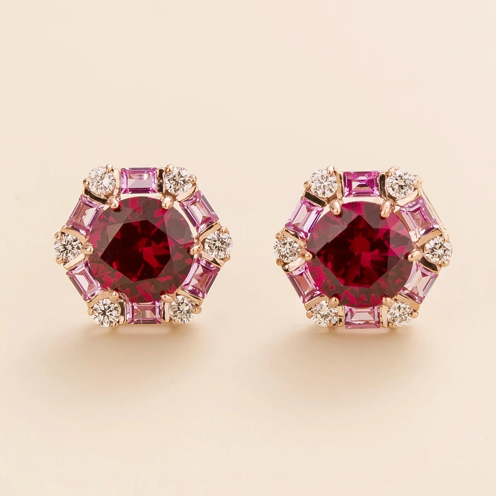 Melba Rose Gold Earrings Set With Ruby Pink Sapphire Diamond Juvetti