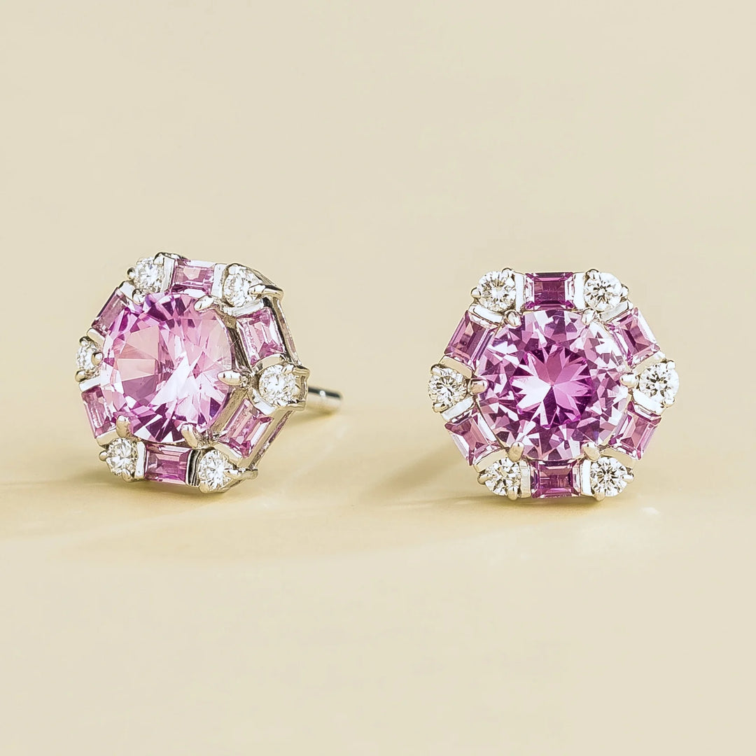 Melba White Gold Earrings Set Pink Sapphire Earrings and Diamond From Bespoke Jewellery London