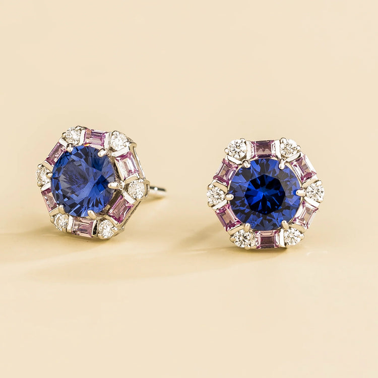 Melba White Gold Earrings Set With Blue Sapphire Pink Sapphire and Diamond By Juvetti London UK