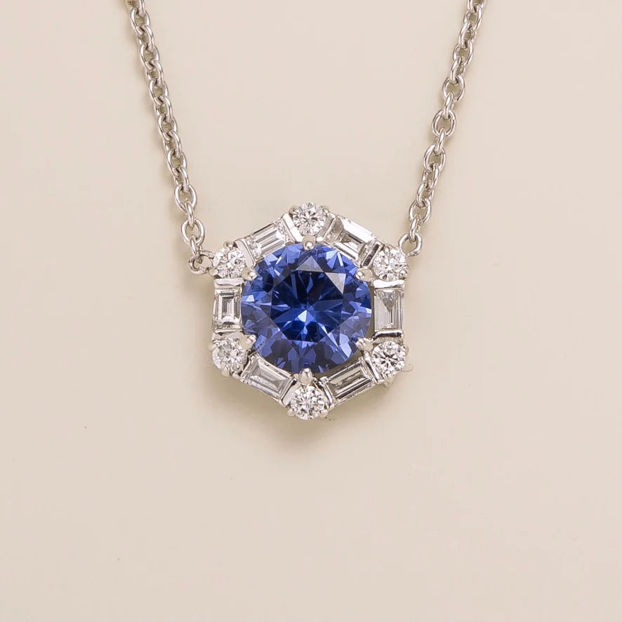 Melba White Gold Necklace Set With Blue Sapphire and Diamond By Juvetti London