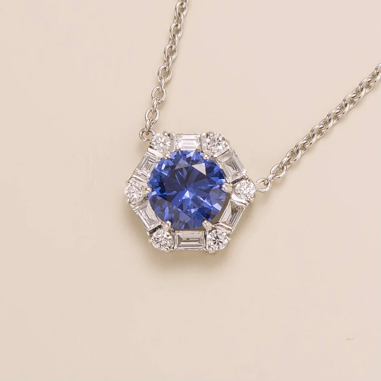 Melba White Gold Necklace Set With Blue Sapphire and Diamond By Juvetti