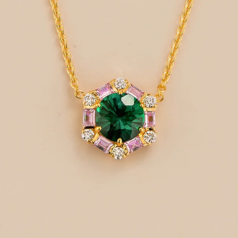 Melba Emerald, Pink Sapphire & Diamond Halo Pendant Necklace In Gold