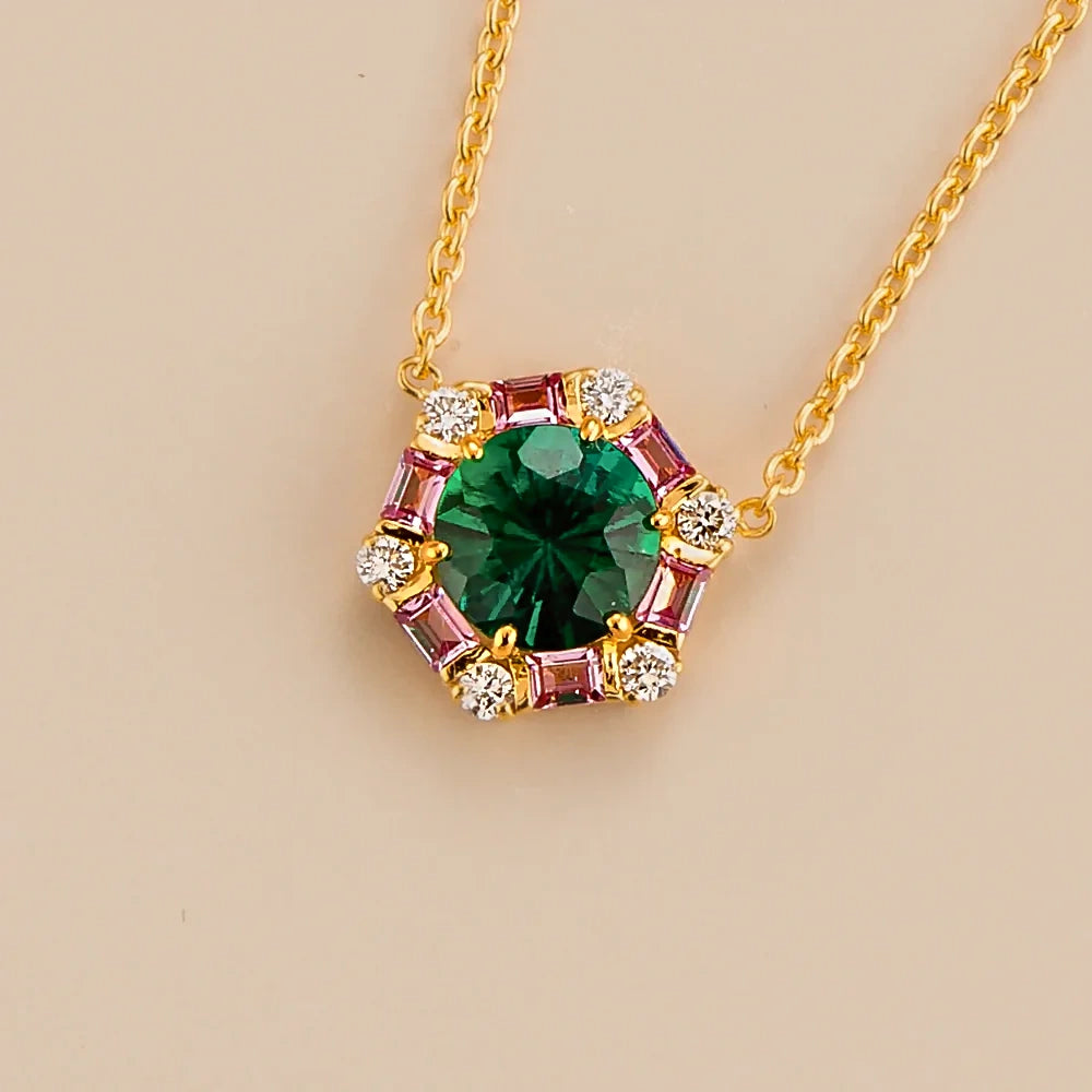 Melba Emerald, Pink Sapphire & Diamond Halo Pendant Necklace In Gold