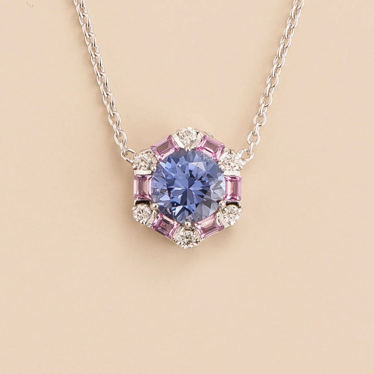 Melba hexagon necklace in 18K white gold vermeil set with lab grown Ceylon blue sapphire, Pink sapphire and Diamond gem stones.