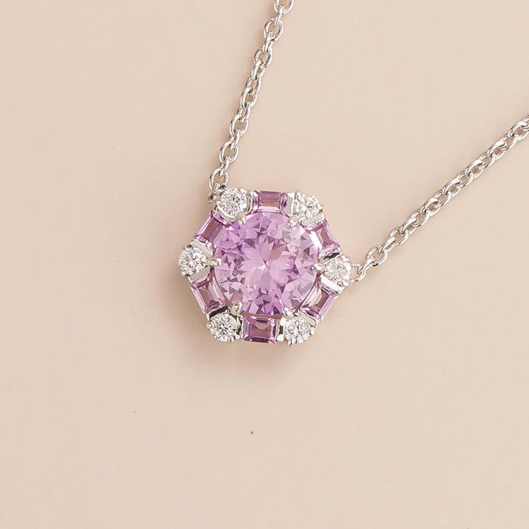 Melba necklace in 18K white gold vermeil set with lab grown Pink sapphire and Diamond gem stones.