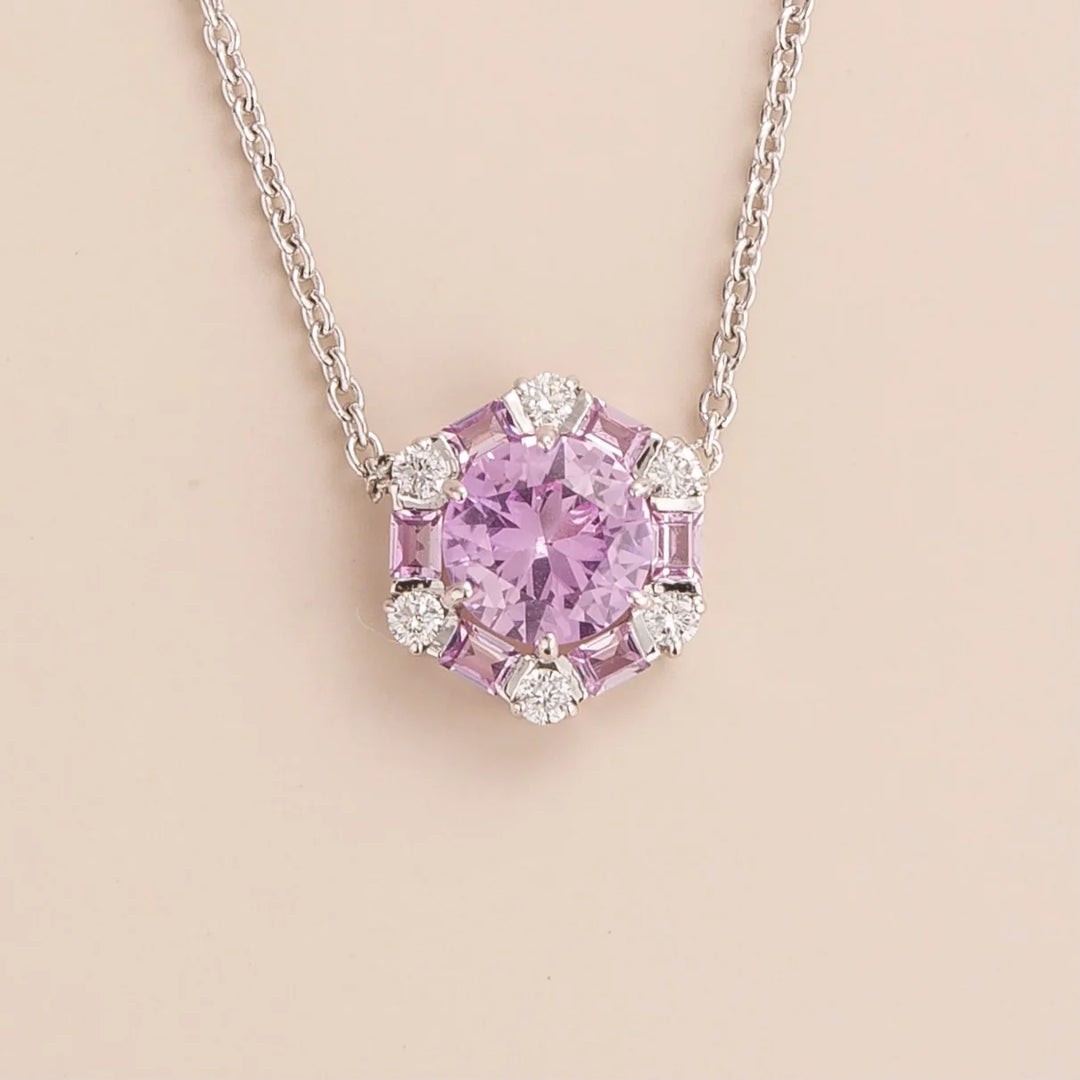 Melba necklace in 18K white gold vermeil set with lab grown Pink sapphire and Diamond gem stones.