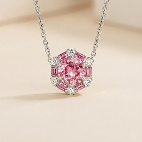 Melba Pink Sapphire and Diamond Halo Hexagon Pendant Necklace in White Gold Melba Pink Sapphire and Diamond Halo Hexagon Pendant Necklace in White Gold