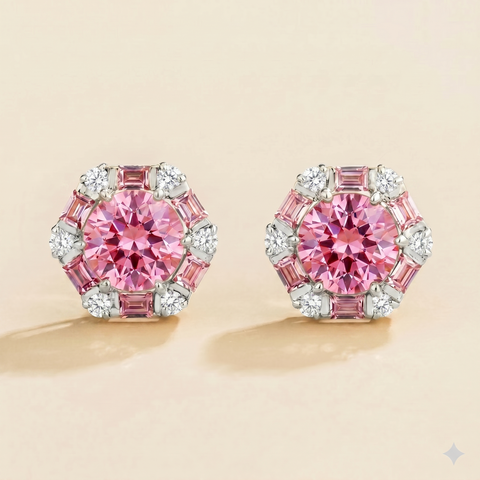 Melba Pink Sapphire and Diamond Halo Hexagon Stud Earrings In White Gold Melba Pink Sapphire and Diamond Halo Hexagon Stud Earrings In White Gold