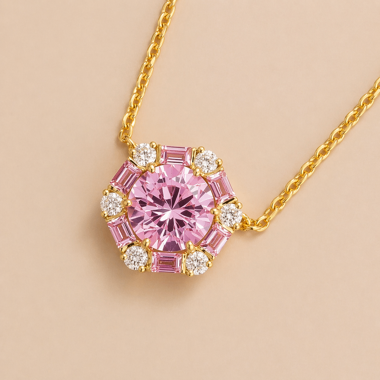Melba Pink Sapphire & Diamond Halo Pendant Necklace In Gold