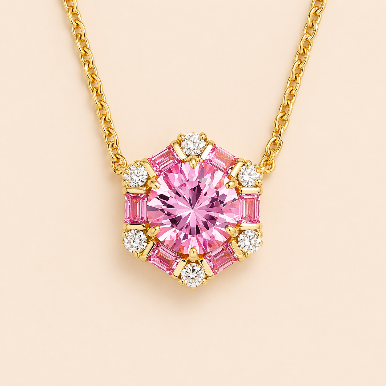Melba Pink Sapphire & Diamond Halo Pendant Necklace In Gold