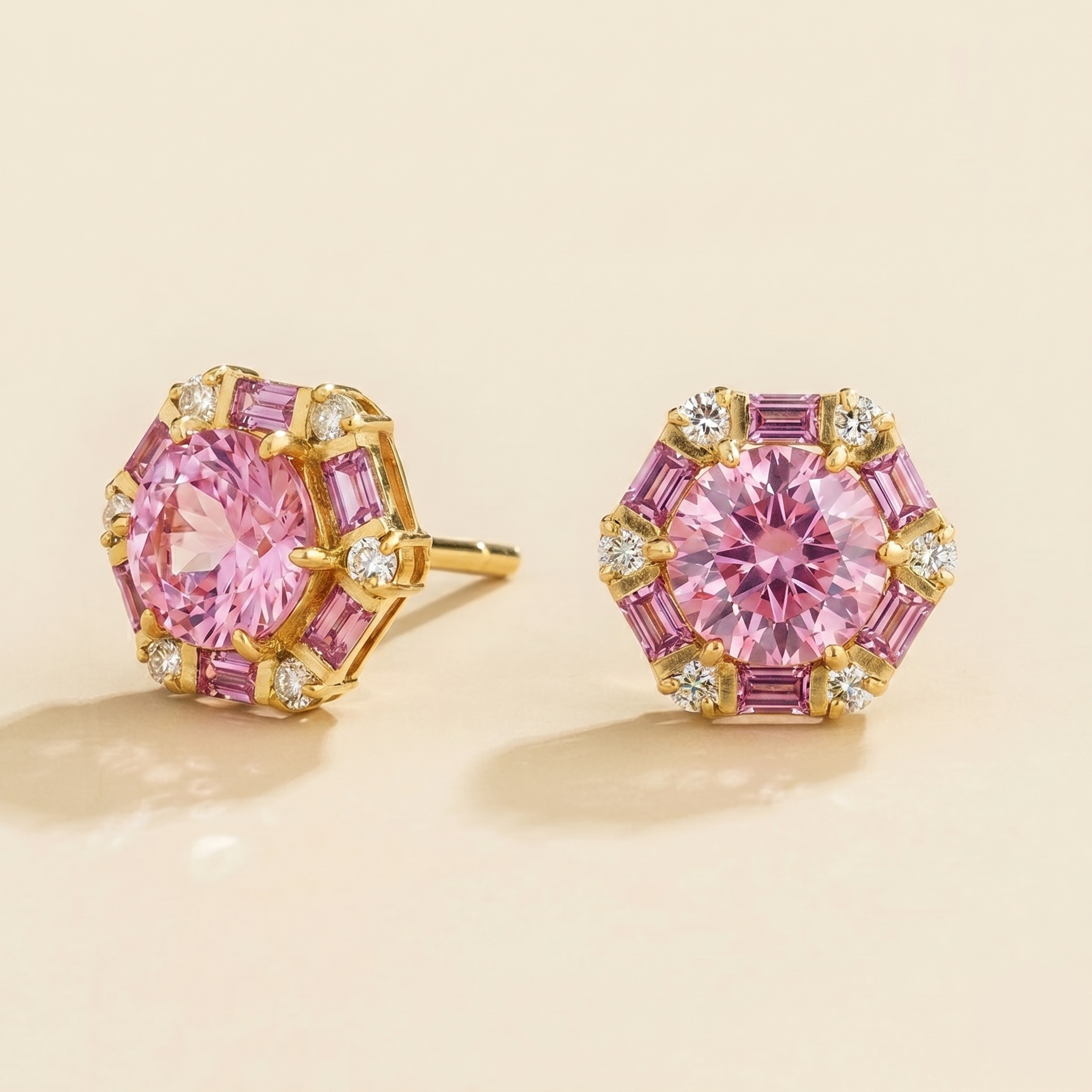 Melba Pink Sapphire & Diamond Halo Stud Earrings In Gold