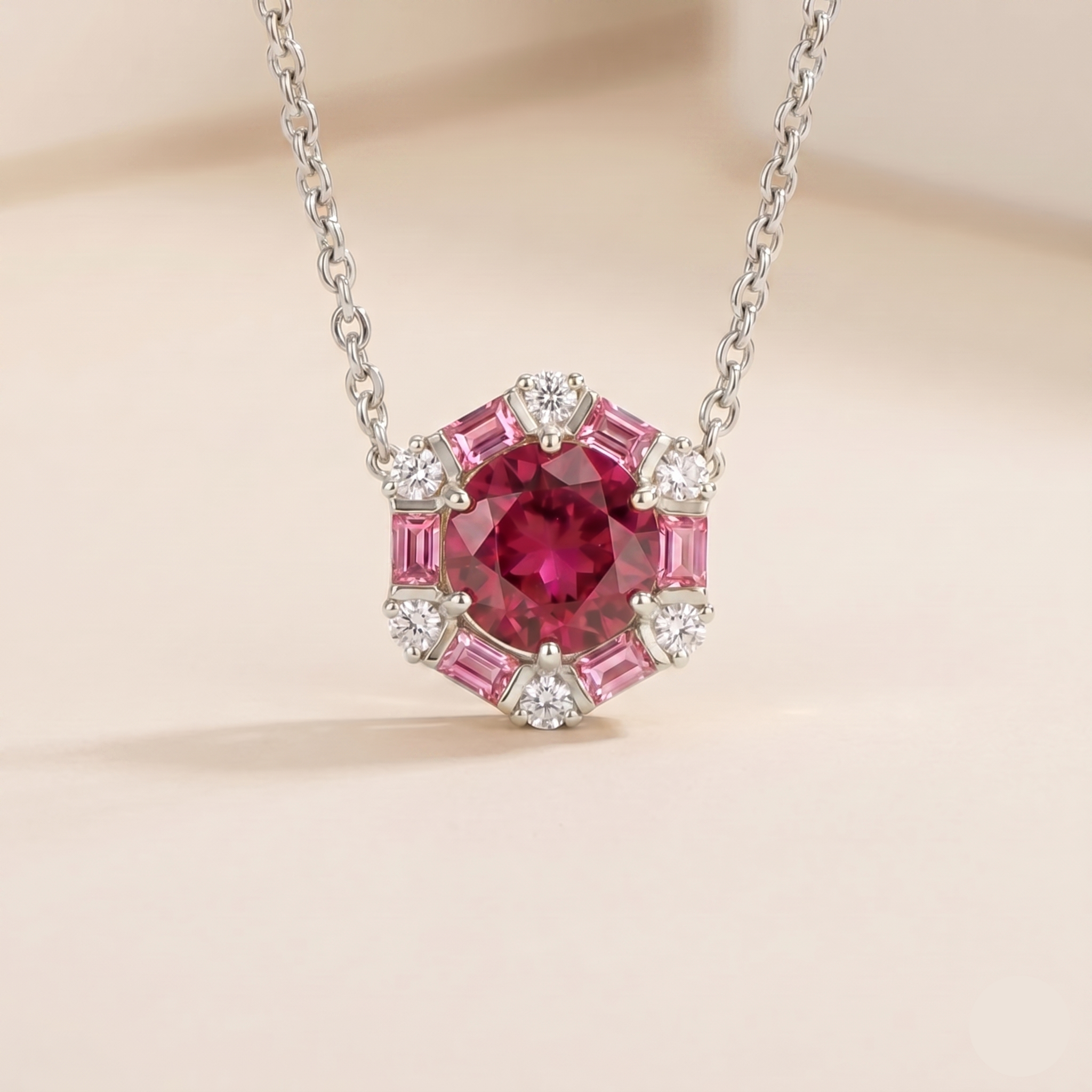 Melba Ruby, Pink Sapphire & Diamond Halo Hexagon Pendant Necklace In White Gold