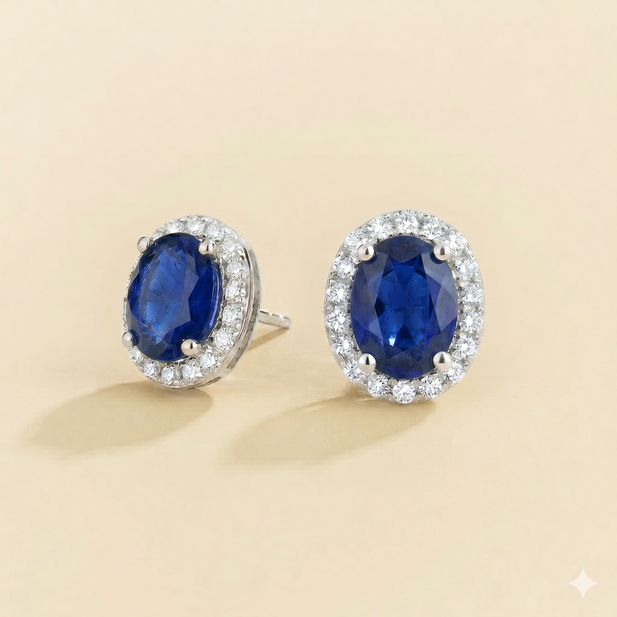 Mina Oval Blue Sapphire & Diamond Halo Earrings In White Gold