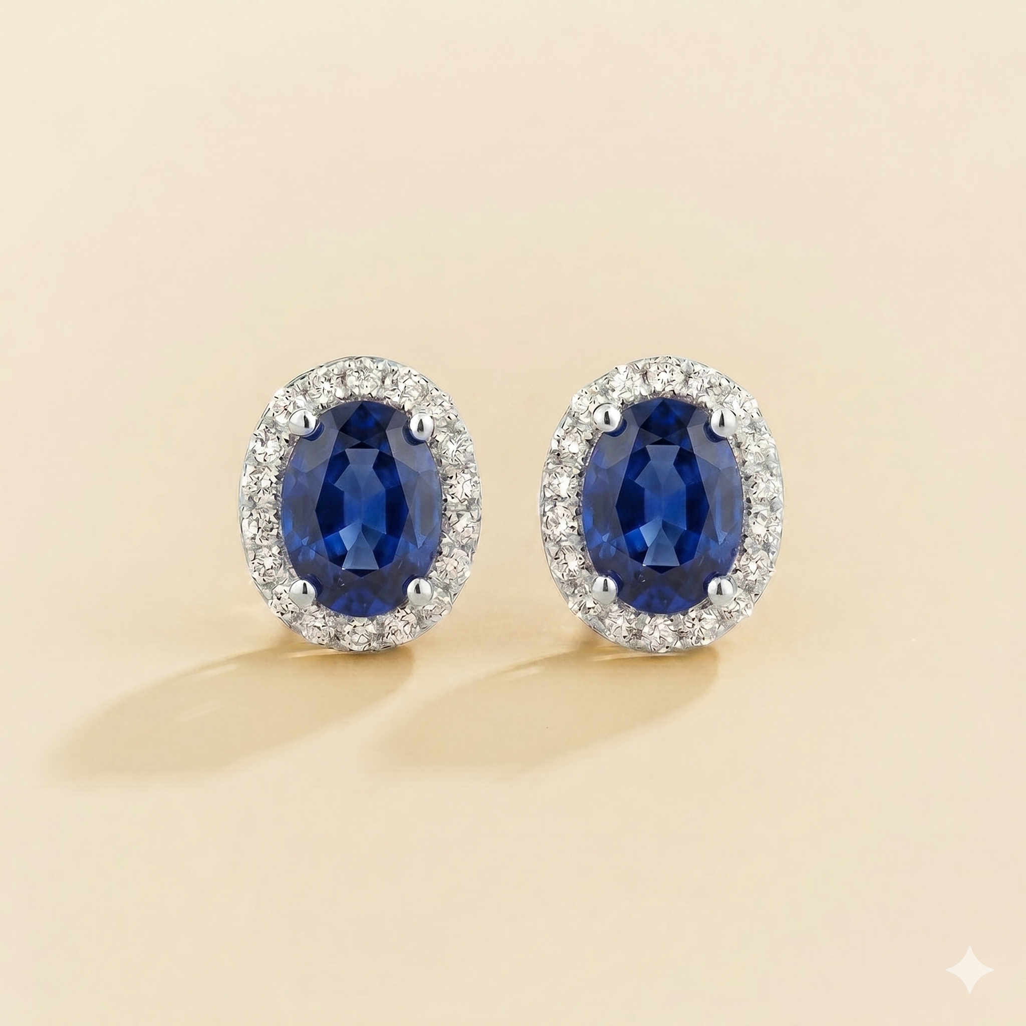 Mina Oval Blue Sapphire & Diamond Halo Earrings In White Gold