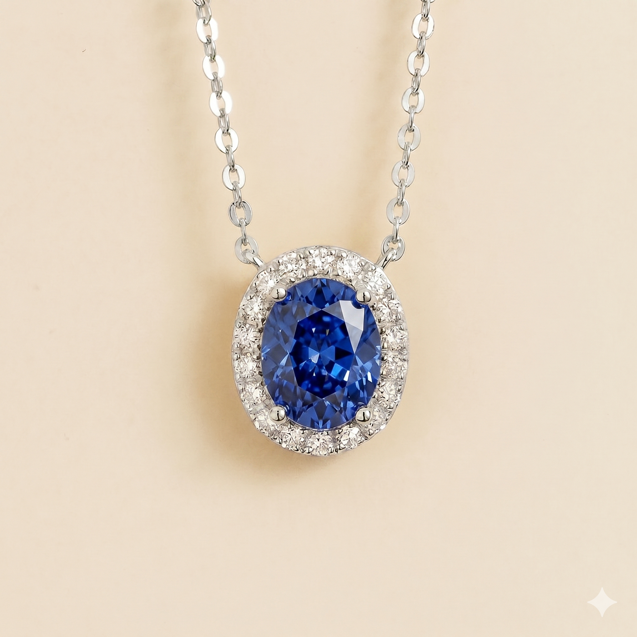 Mina Oval Blue Sapphire & Diamond Halo Necklace In White Gold