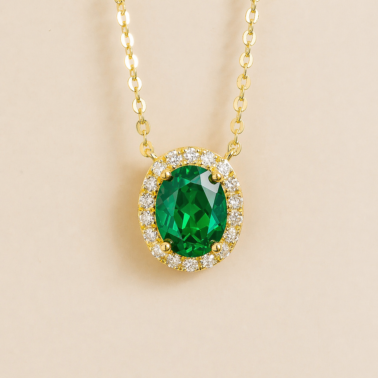 Mina Oval Emerald & Diamond Halo Necklace In Gold