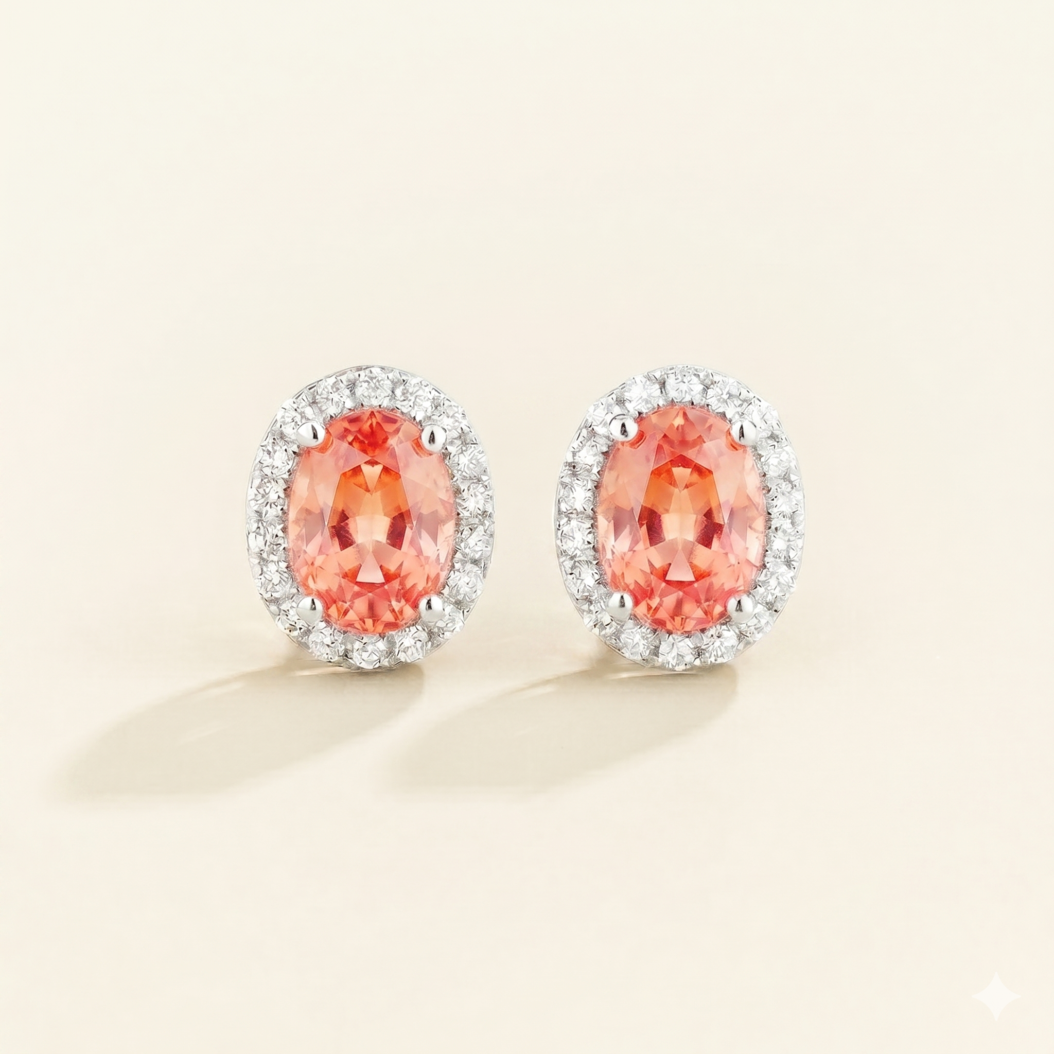 Mina Oval Padparadscha Sapphire & Diamond Halo Earrings In White Gold