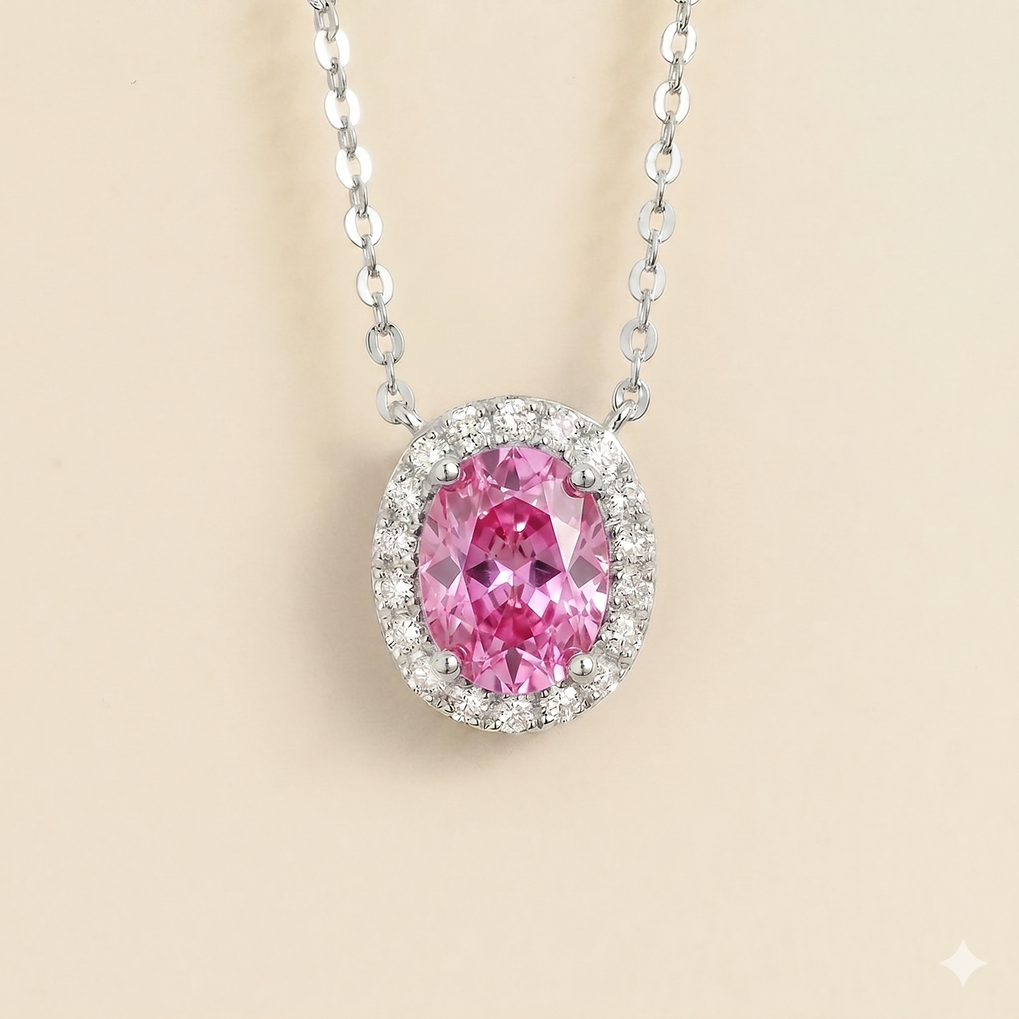 Mina Oval Pink Sapphire & Diamond Halo Necklace In White Gold