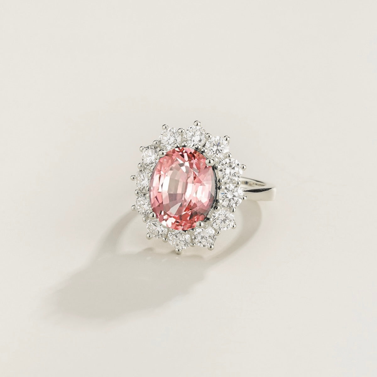 Oda Padparadscha Sapphire Oval & Diamond Halo Ring In White Gold