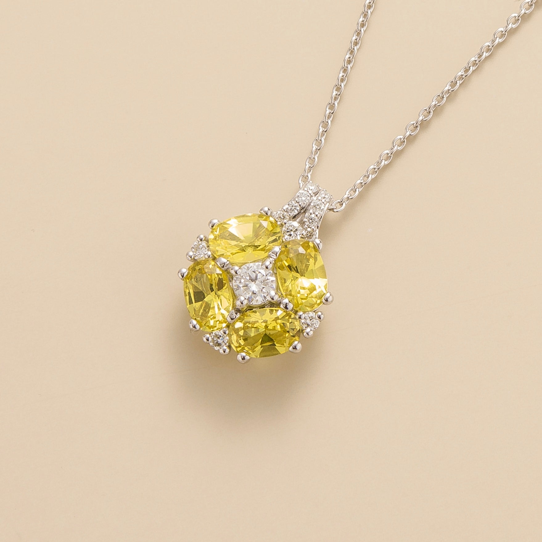 Order Online Juvetti Bespoke Jewellery London Pristi White Gold Necklace Diamond and Yellow Sapphire