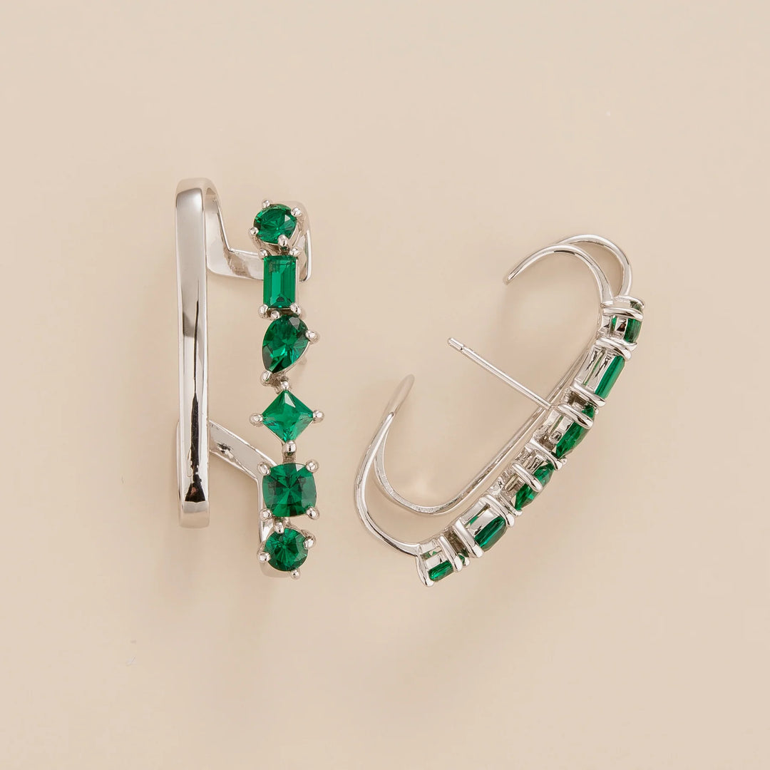 Serene cuff earrings in 18K white gold vermeil set with 3.60 carats lab grown Emerald gem stones. Perfect Online Jewellery Gift