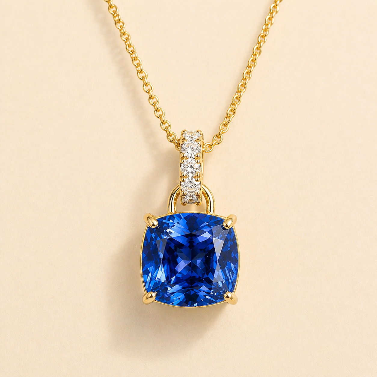 Oreol Blue Sapphire Cushion Cut & Diamond Hoop Pendant Necklace in Gold