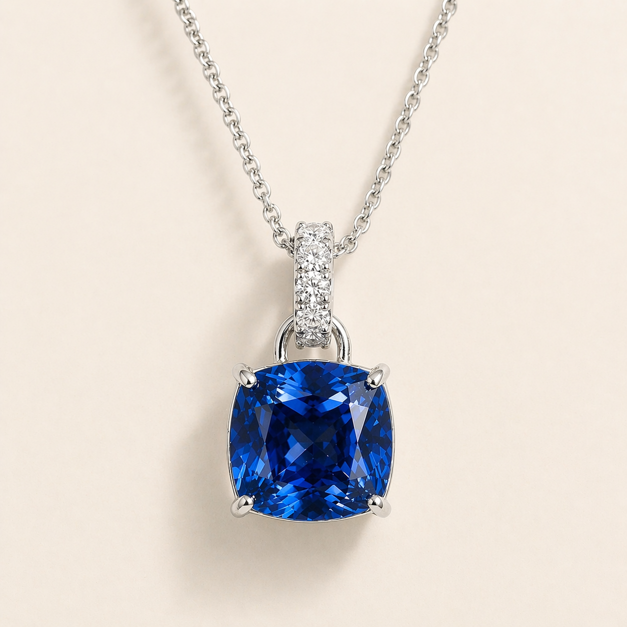 Oreol Blue Sapphire Cushion Cut & Diamond Hoop Pendant Necklace in White Gold