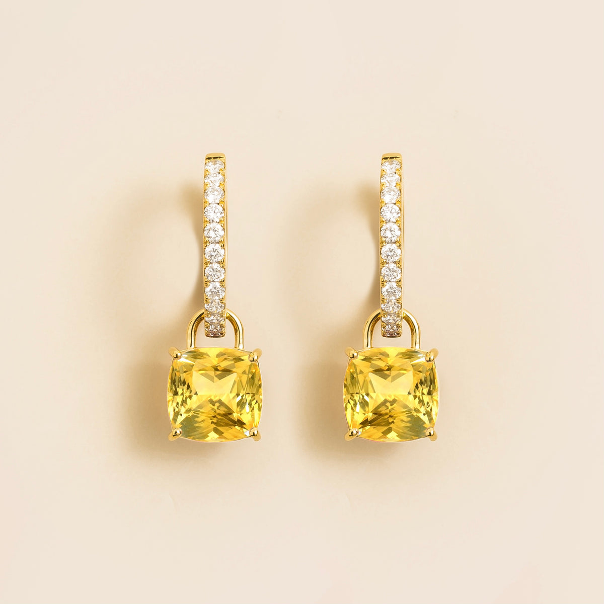 Oreol Yellow Sapphire Cushion Cut & Diamond Hoop Drop Earrings in Gold