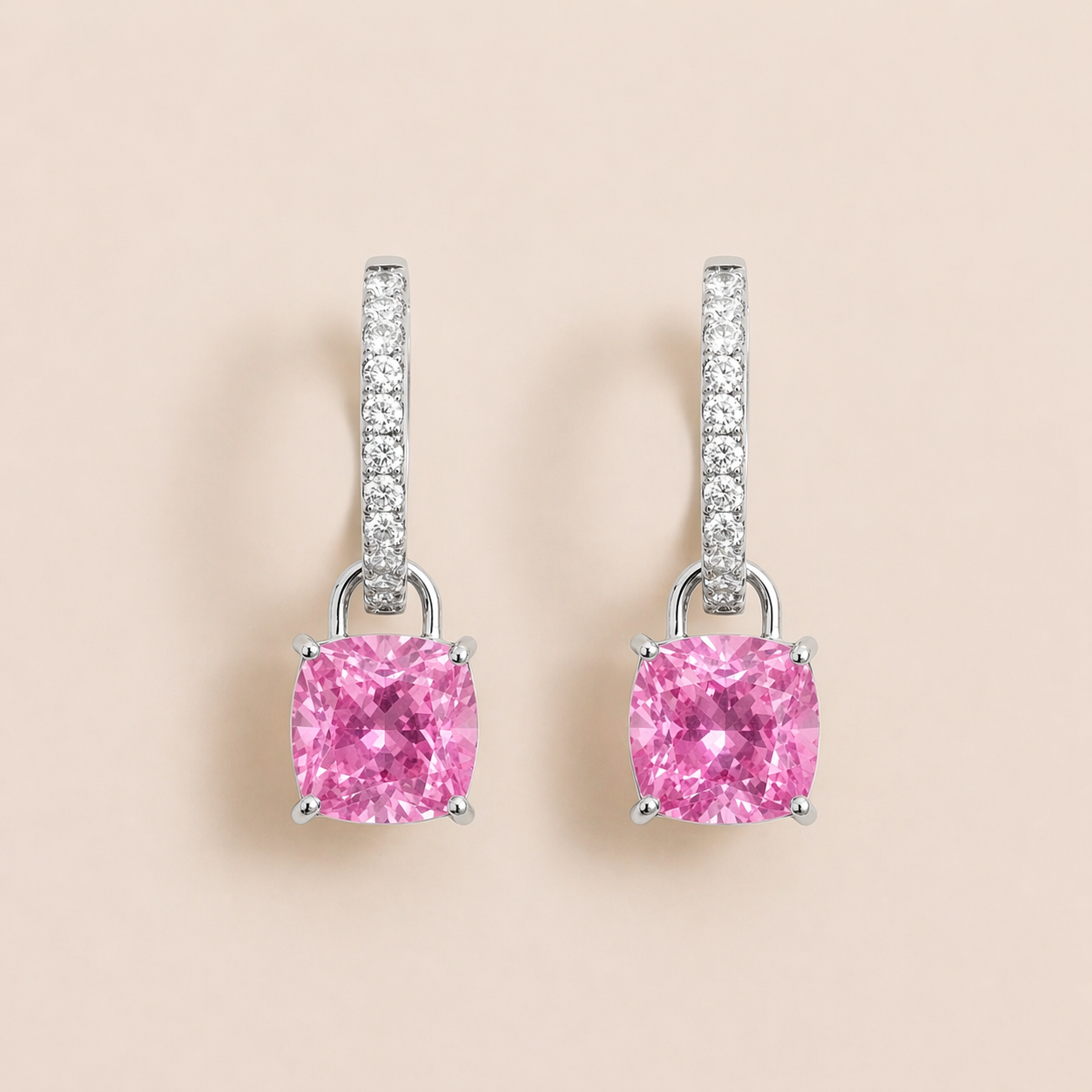 Oreol Pink Sapphire Cushion Cut & Diamond Hoop Drop Earrings in White Gold