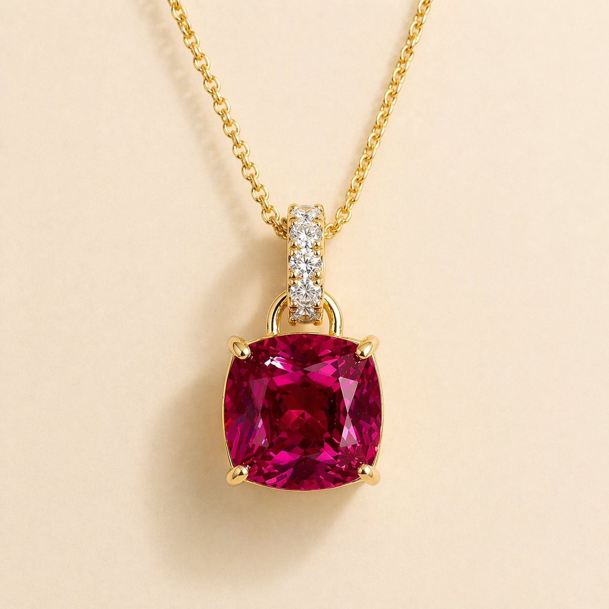 Oreol Ruby Cushion Cut & Diamond Hoop Pendant Necklace in Gold