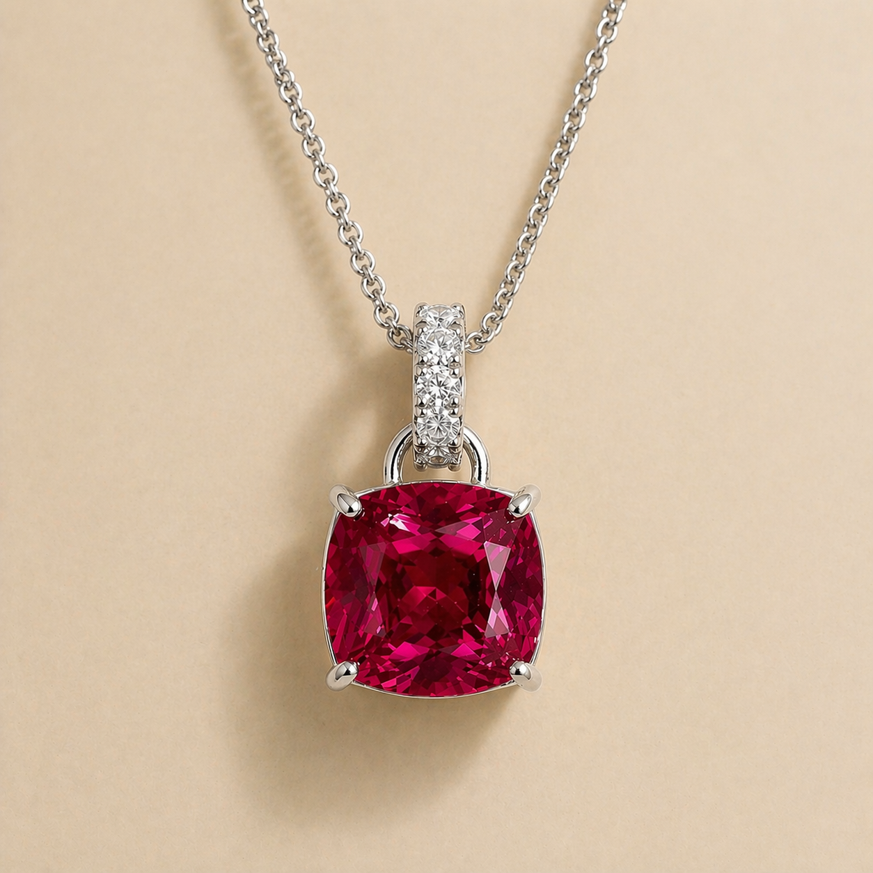 Oreol Ruby Cushion Cut & Diamond Hoop Pendant Necklace in White Gold