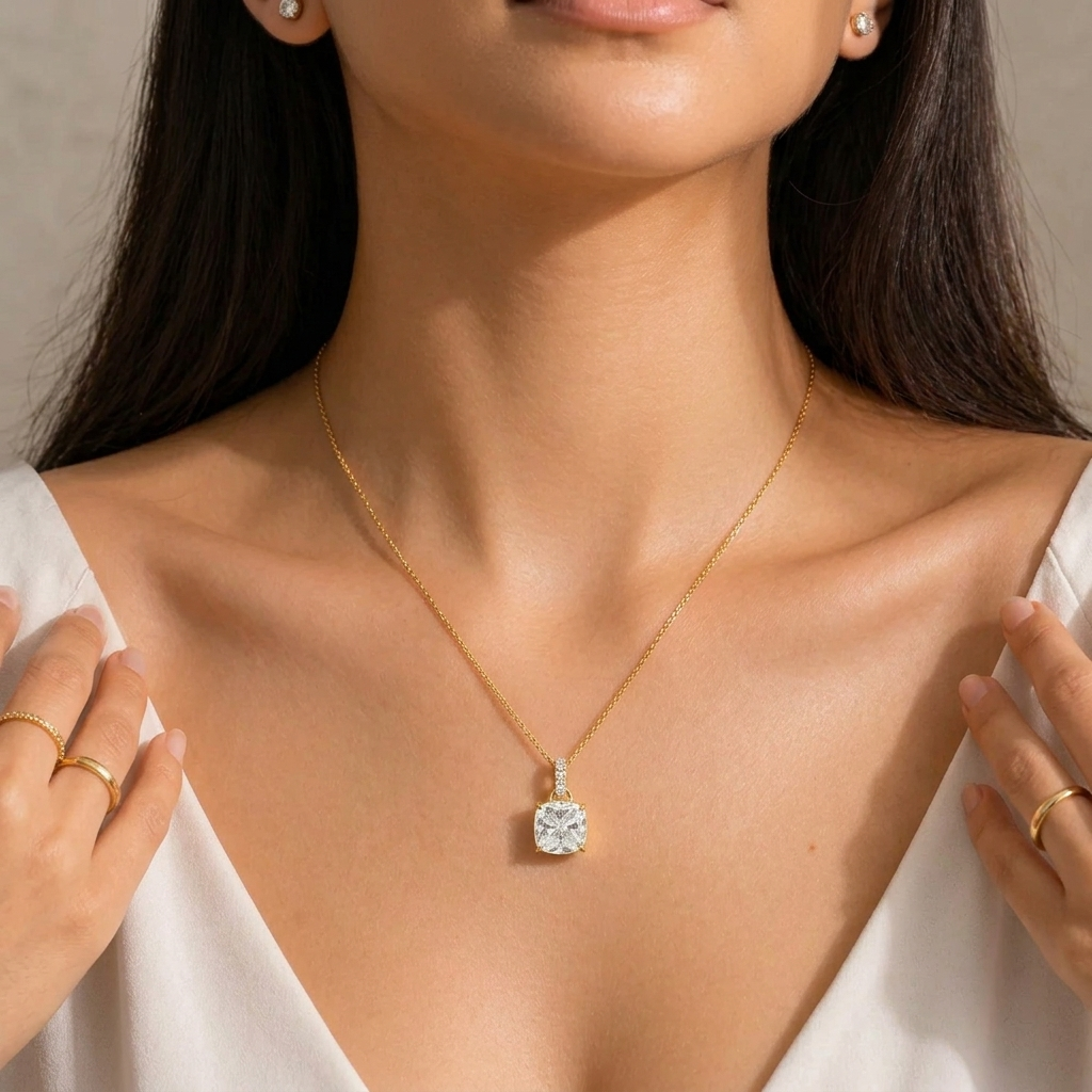 Roue Diamond Cushion Cut & Hoop Pendant Necklace in Gold
