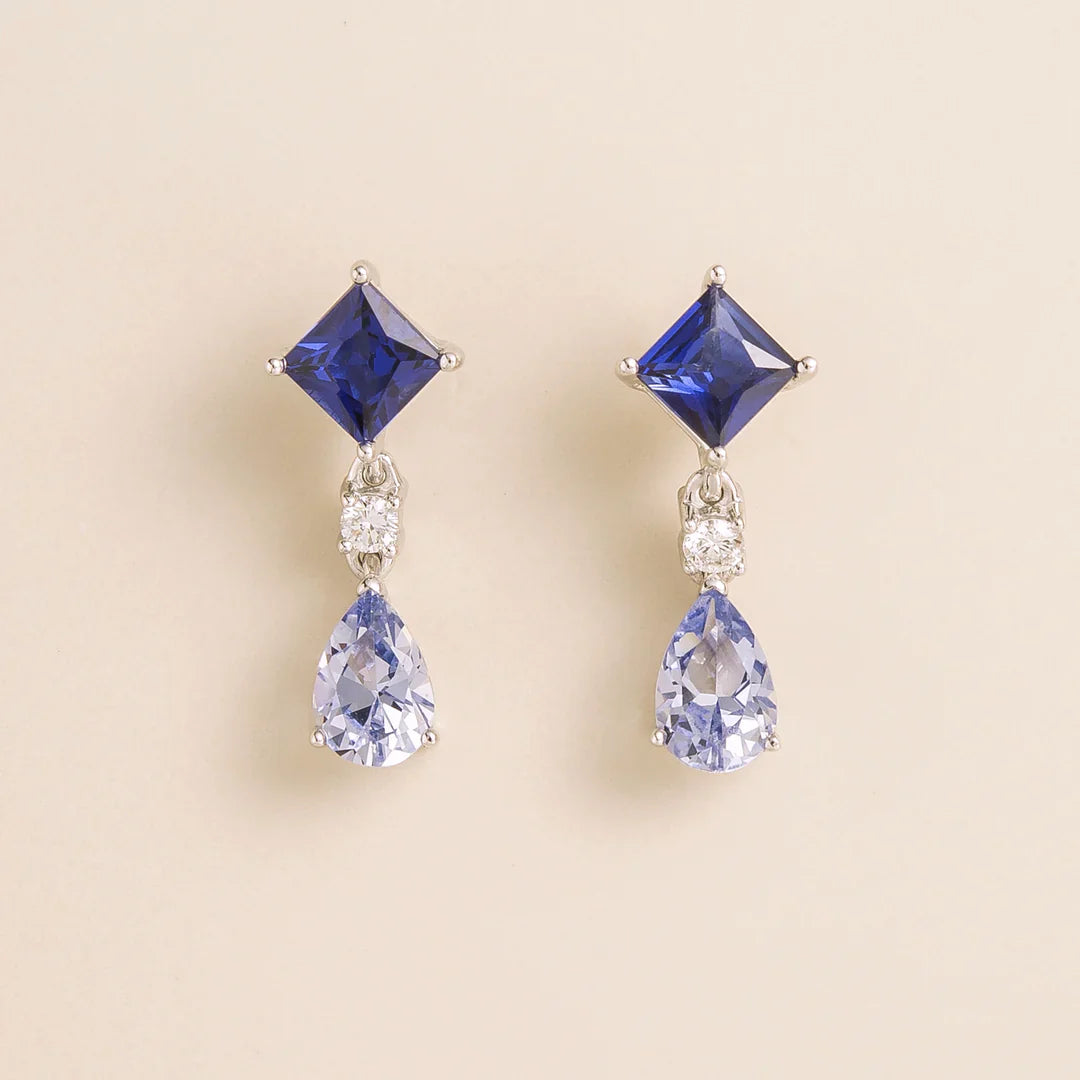 Flamingo Blue Sapphire & Diamond Drop Earrings In White Gold