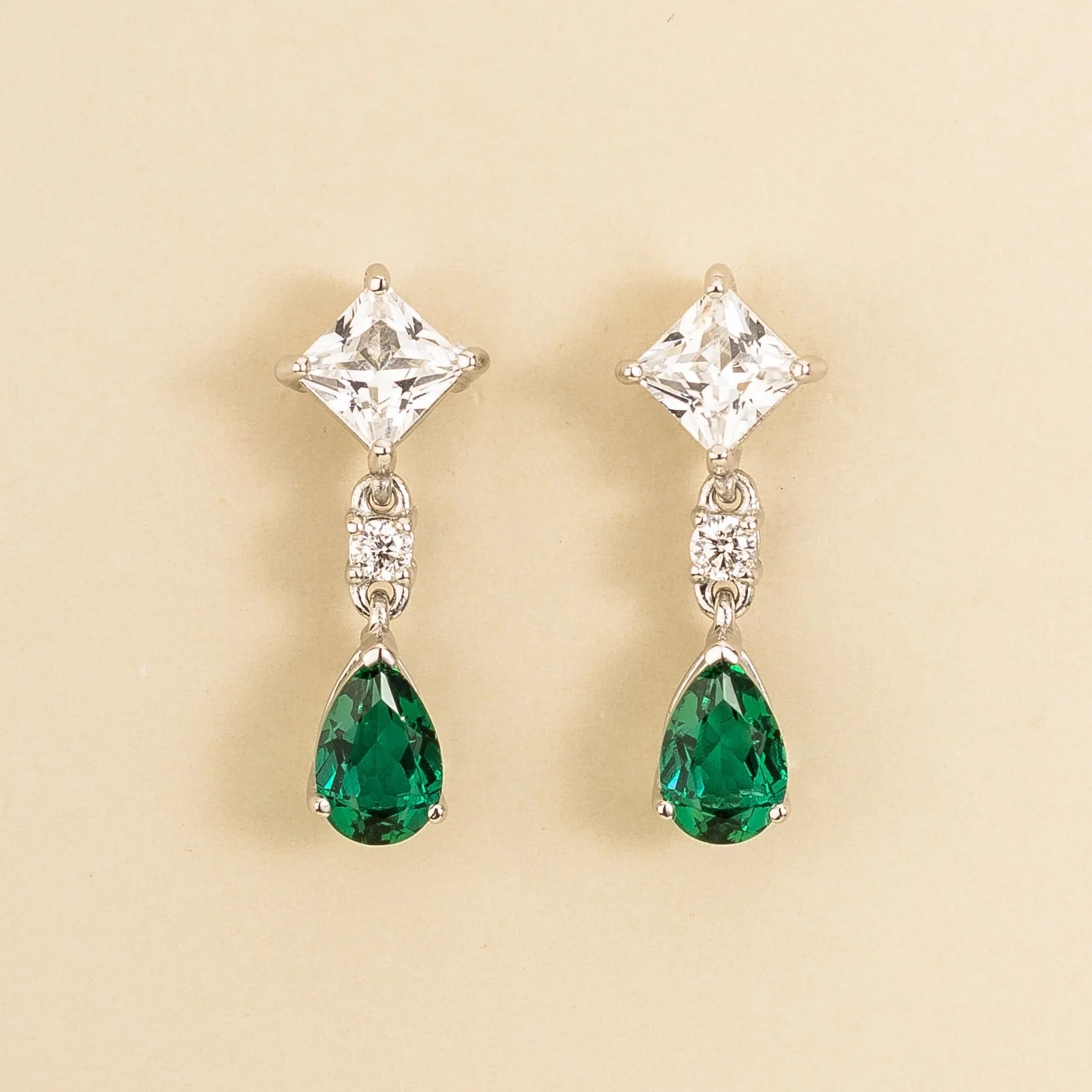 Ori White Gold Earrings Set With White Sapphire Emerald and Diamond By Bespoke Jewellery London