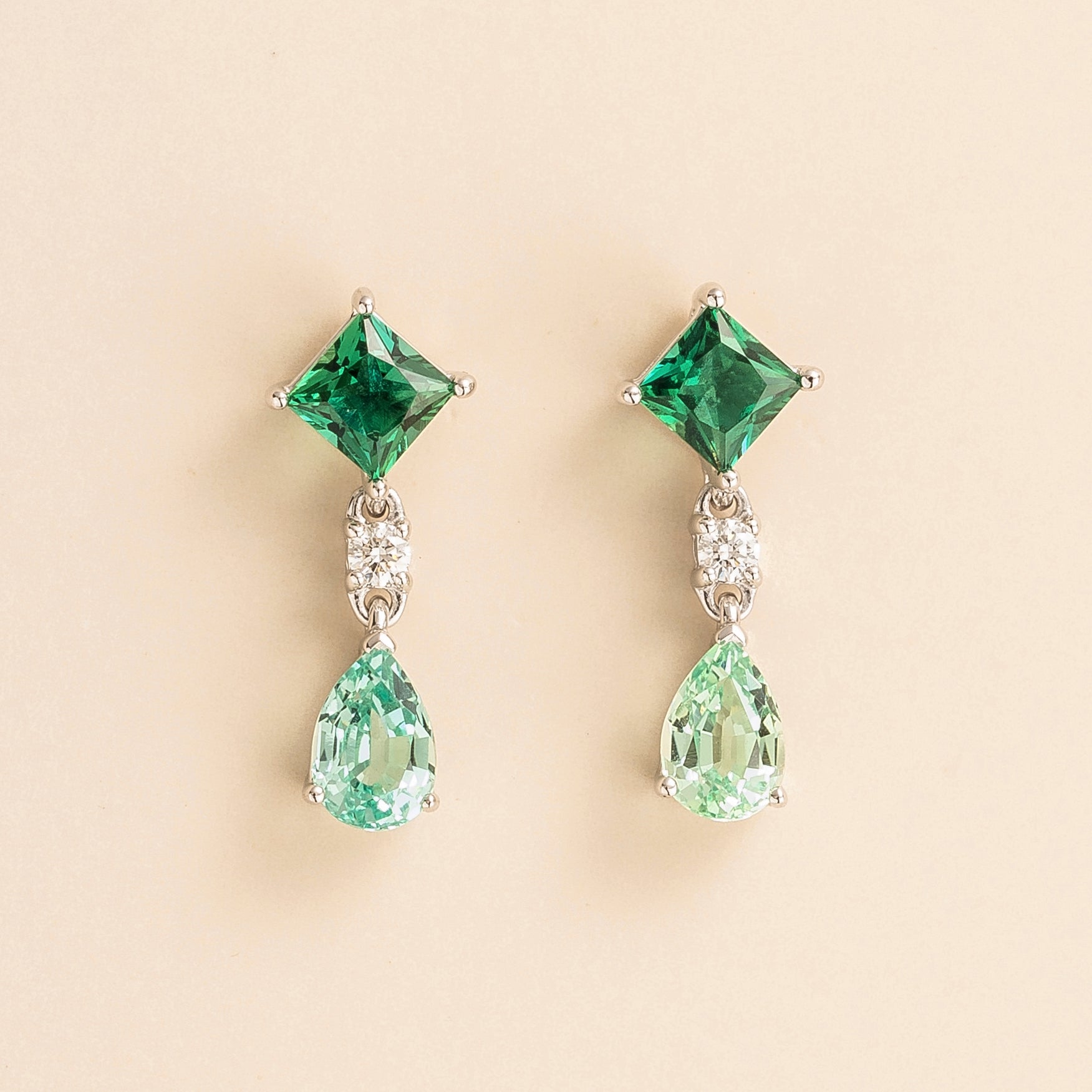 Ori white gold earrings in Emerald Diamond and Green sapphire By Bespoke Jewellery London